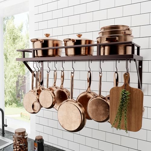 KES 30-Inch Wall Pot Rack, Oil Bronze, 88lb Capacity, 12 Hooks, Farmhouse