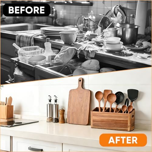 Wooden Cooking Utensil Holder & Crock for Kitchen Countertop