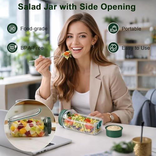 Salad Jar with Side Opening, Leakproof Mason Jar Container, Portable