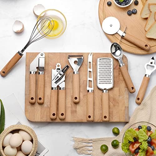 9pcs Kitchen Gadget Set with Wooden Handle, Stainless Steel Cooking