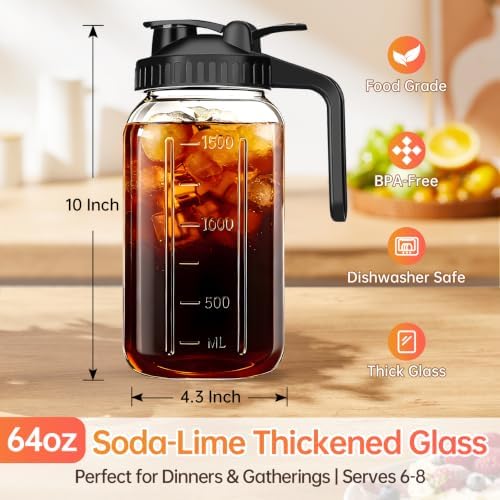 64 oz Mason Jar Pitcher with Lid, Airtight & Leakproof Glass Pitcher