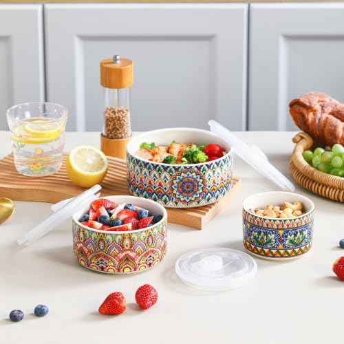 Henten Home Ceramic Serving Bowls with Lid, Boho Nesting Bowl Set of 3