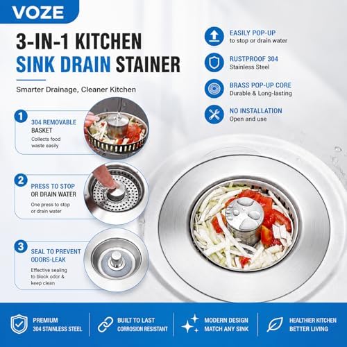 3-in-1 Stainless Steel Kitchen Sink Drain Strainer and Stopper