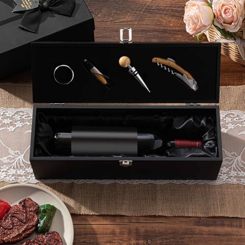 1 Pc Retro Wooden Wine Gift Box with 4 Accessories, Bamboo, Black