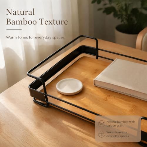 14.17" x 8.66" Rectangular Bamboo Serving Tray with Black Metal