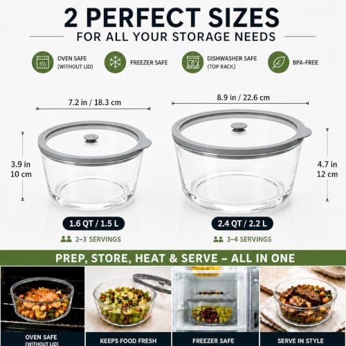 2 Pack Extra Large Glass Food Storage Containers with Lids