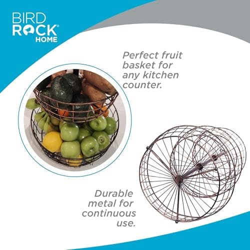 BIRDROCK HOME 3 Tier Wire Fruit Basket | Round Metal Standing Baskets | Fruit Vegetable Garlic Caddy | Freestanding Rustic Decorative Basket