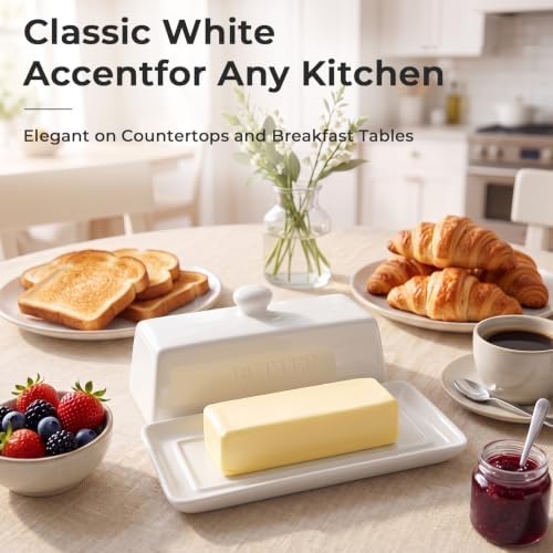 WERTIOO Butter Dish With Lid for Countertop,Butter Tray,Ceramic-White
