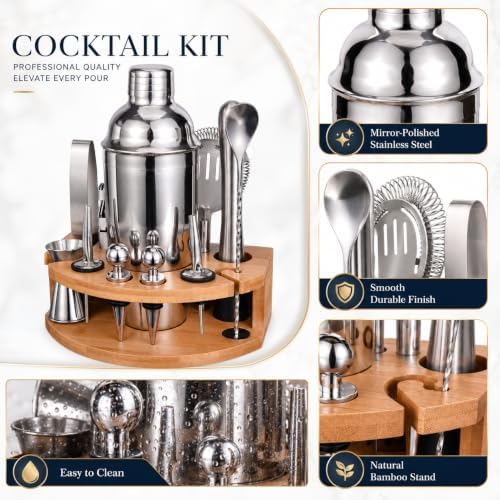 Cocktail Shaker Set with Bamboo Stand, 12-Piece 25oz Stainless Steel