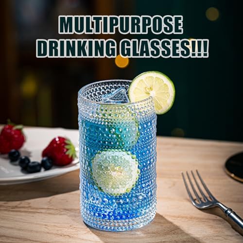 Drinking Glasses, 8 pcs Embossed Designed Glass Cups, 12oz Highball
