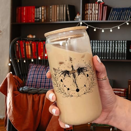 Fantasy Book Lover 16oz Glass Cup with Lid and Straw, Wing Glass