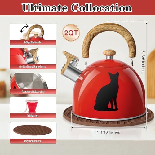 ARC 2-Quart Red Whistling Tea Kettle with Magic Color Changing Design