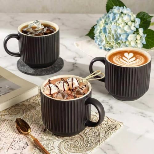HASENSE Coffee Mug Ceramic Set of 4 with Stand, Stackable Large Latte