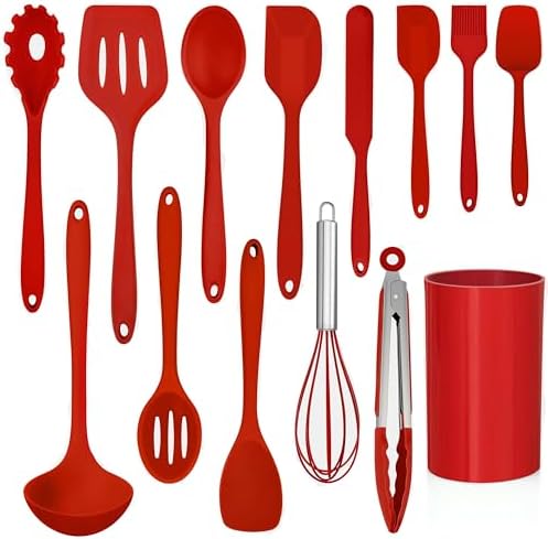 LIANYU 14 Pcs Silicone Cooking Utensils Set with Holder, Red