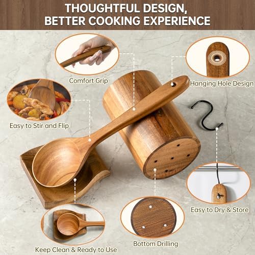 12 PCS Natural Acacia Wooden Utensil Set Wooden Spoons for Cooking