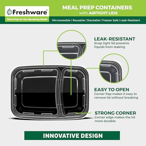 Freshware Meal Prep Containers [50 Pack] 2 Compartment with Lids, Food