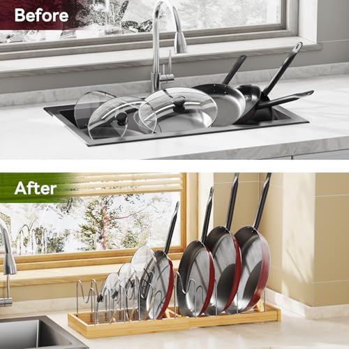 Tomorotec Bamboo Pot Lid Holder with Adjustable Stainless Steel