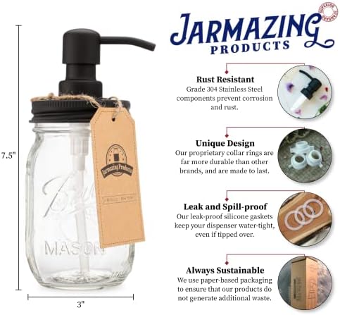 Jarmazing Products Mason Jar Soap Dispenser, Black, 16 oz