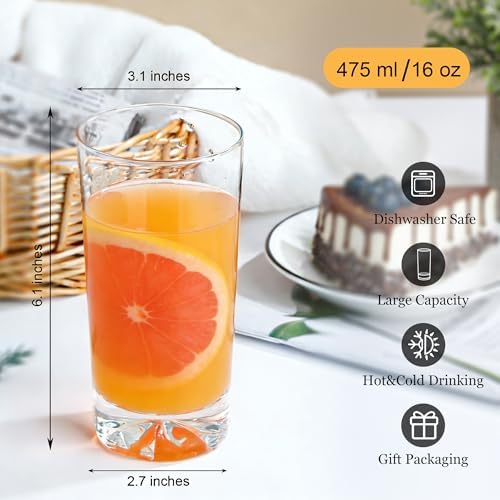 16 oz Drinking Glasses Set of 6 with Wide Mouth and Heavy Base