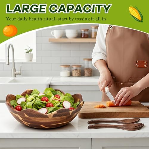 Geiserailie 15 Inches Scalloped Acacia Wood Salad Bowl Set, Serving