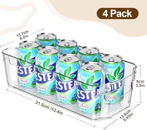 Clear Fridge Organizer, Refrigerator Organizer Bins with Handle, Freezer, Kitchen Cabinet, Pantry Organization, BPA Free Fridge Organizers (12.4 inch 4 Pack)