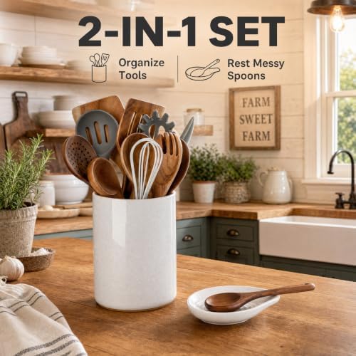 Ceramic Utensil Holder with Spoon Rest for Kitchen Counter, 6.4''