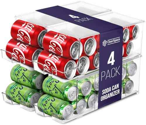 ClearSpace Soda Can Organizer Dispenser for Refrigerator, 12 Can, 4 Pack