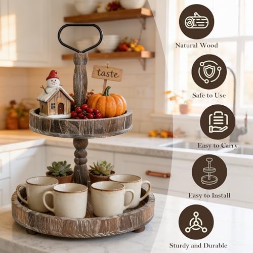 Horse Rustic Wooden Tiered Tray, 18.5x12.5 2 Tier Farmhouse Decor