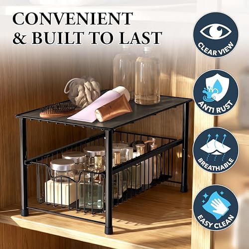 Simple Houseware Wired Stackable Under Sink Cabinet Sliding Basket, Black