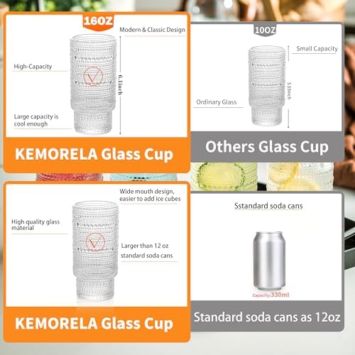 KEMORELA Vintage drinking glasses set of 6, Large 16oz Hobnail