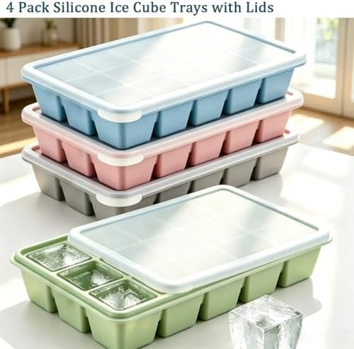 Silicone Ice Cube Tray 4 Pack with Lid, BPA Free Easy Release