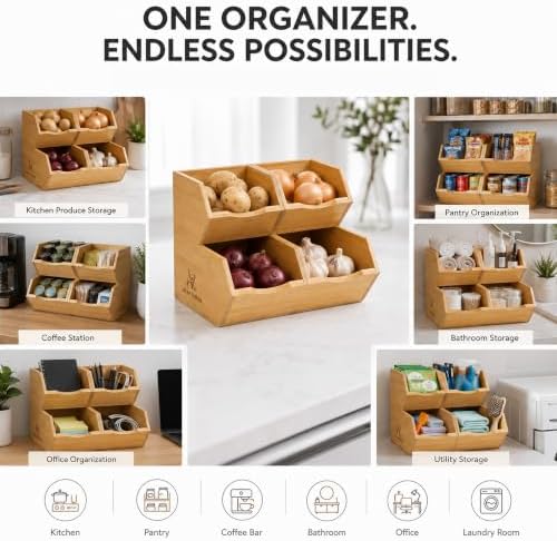 Bamboo Pantry Storage Bins - Set of 4 (2 Large, 2 Small) Stackable