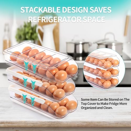 RoskDeewat 2-Tier Egg Holder for Fridge, Automatic Rolling