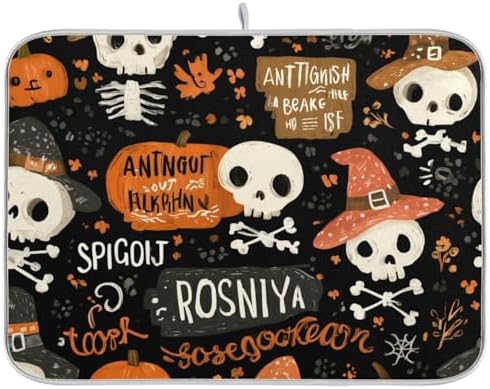 OTVEE Skeleton with Pumpkins Dish Drying Mat for Kitchen Counter