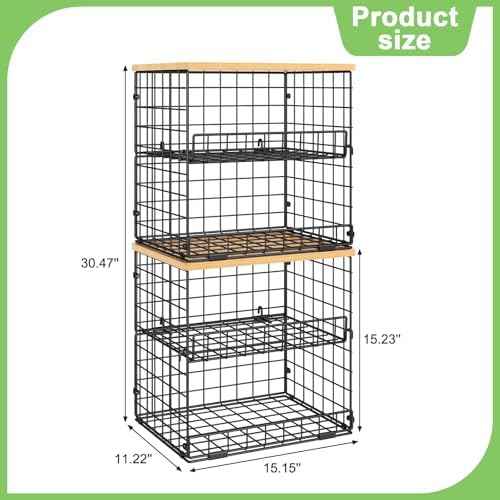 4 Pack Stackable Wire Pantry Baskets with Wooden Tops
