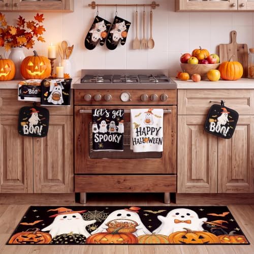 Fourluoo 10 Pcs Halloween Kitchen Decor Set Ghost Pumpkin Kitchen