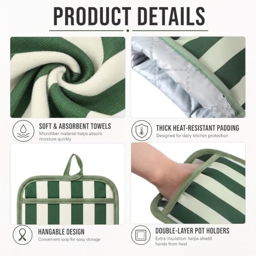 6 Pcs Matcha Green Striped Oven Mitt Pot Holder Towel Set