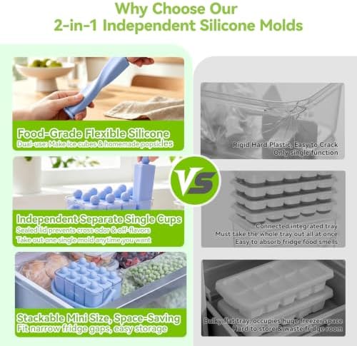 12 Individual Lidded Silicone Ice Cube Trays, Skinny Reusable