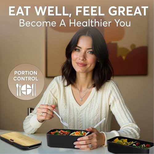 Umami Bento Box Adult, Stackable Lunch Box, 50 oz, Black& Bamboo