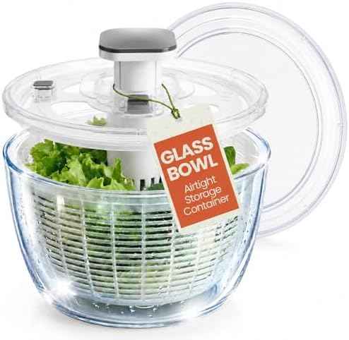 Glass Salad Spinner with Storage Lid, 6 Quart Borosilicate Glass Bowl, Push Button Drying Lid, BPA-Free Draining Basket Doubles as Serving Bowl & Colander, Lettuce, Vegetable, & Fruit Washer