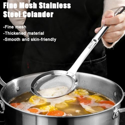 2PCS Stainless Steel Fine Mesh Skimmer, Fat Skimmer Spoon, 2 Sizes