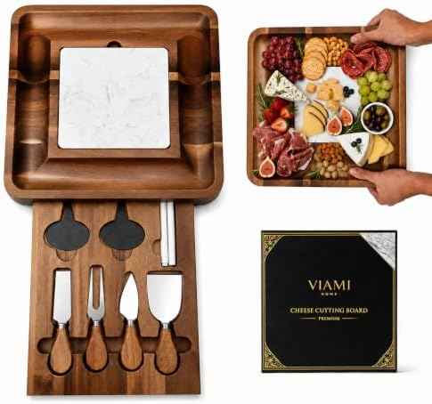 Acacia Cheese Board Set with Marble Style Slate