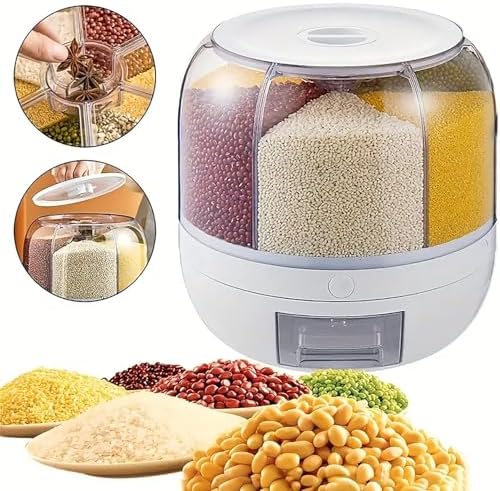 360° Rotating Grain Dispenser, 6-Grid Large Rice Storage Container (13 Lbs), One-Click Output Sealed Food Storage for Rice, Beans, Cereal - Countertop Kitchen Organization