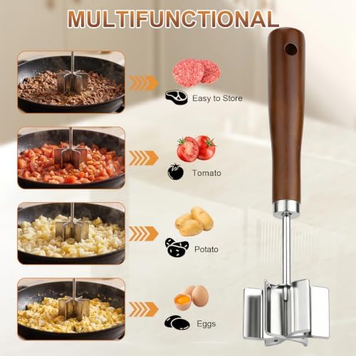 Stainless Steel Meat Chopper, 6 Curve Blades Beef Masher with Wooden
