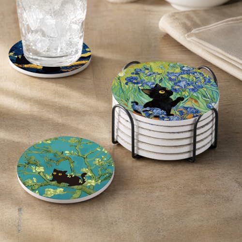 Colorful Black Cat Coasters Set of 6 with Holder