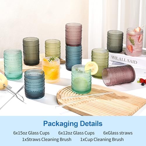 KMIGRUAN Colored Hobnail Drinking Glasses Set of 12,15oz&12oz Vintage