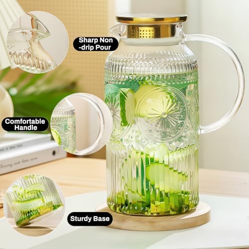 Buaic 2 PACK Glass Pitcher with Lid, 68 oz Vintage Water Carafe for