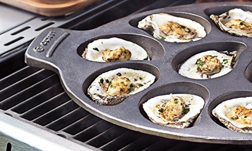 Outset Cast Iron Oyster Grill Pan, 12 Cavities, Black Oyster BBQ and Serving Pan