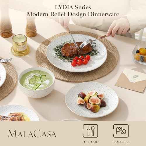 MALACASA 24-Piece Farmhouse Dinnerware Set for 8, Embossed White Stoneware Plates and Bowls Sets, Vintage Relief Ceramic Dish Set, Chip-Resistant, Microwave & Dishwasher Safe