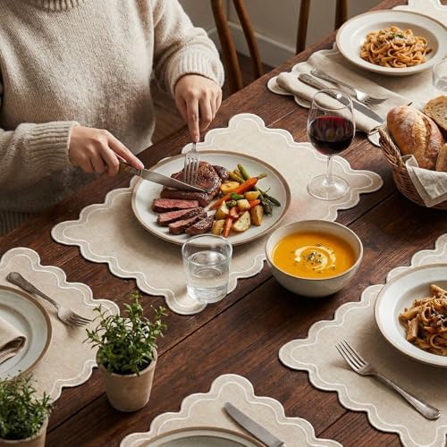 Linen Placemats Set of 12 Scalloped Placemat 13 X 19,Regular,Cream